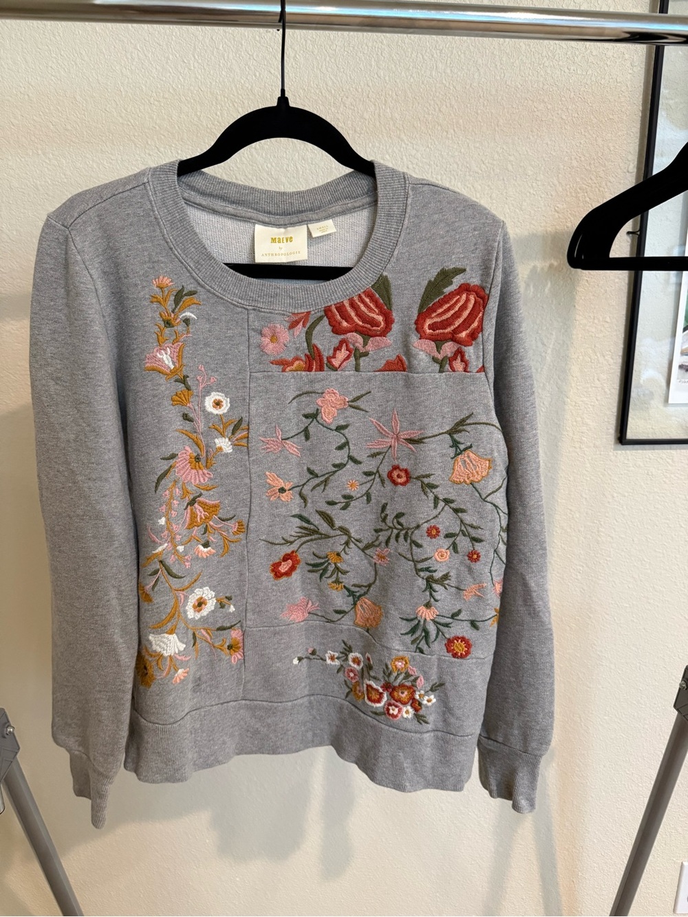 Anthropologie Embroidered Floral Crewneck Sweatshirt - Gray - Picture 3 of 9